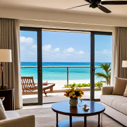 Caribbean Holidays, Cayman Luxury June, Elegant luxury hotel suite overlooking Seven Mile Beach, Cayman Islands, with fresh flowers, soft furnishings and ocean view