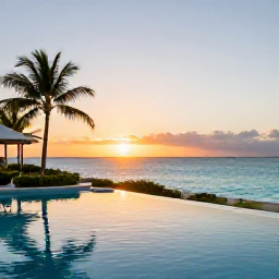 Caribbean Holidays, Cayman Luxury June, Luxury beachfront resort on Grand Cayman at sunset in June, calm turquoise sea, elegant pool and palm trees