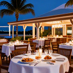 Caribbean Holidays, Cayman Luxury June, Sophisticated Caribbean restaurant in George Town, Cayman Islands, serving fresh seafood at an outdoor terrace in the evening