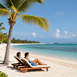 Caribbean Holidays, Cayman Luxury March, Couple relaxing on a luxury sun lounger beside a calm Caribbean beach on Grand Cayman, with palm trees and clear water