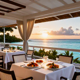 Caribbean Holidays, Cayman Luxury March, Elegant open-air restaurant beside the Caribbean Sea at sunset, with beautifully set tables and fresh seafood dishes