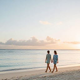 Caribbean Holidays, Cayman Luxury March, Luxury couple walking along a peaceful Cayman beach at golden hour, with calm water and a softly lit horizon