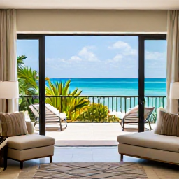 Caribbean Holidays, Cayman Luxury May, Elegant luxury hotel suite in Grand Cayman with open doors to a sea-view terrace, soft furnishings and tropical greenery