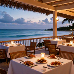 Caribbean Holidays, Cayman Luxury October, Elegant beachfront restaurant on Grand Cayman at dusk, fresh seafood dinner, candlelit tables and gentle Caribbean waves