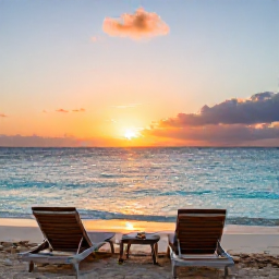 Caribbean Holidays, Cayman Luxury October, Luxury beachfront resort on Grand Cayman at sunset in October, elegant loungers, calm turquoise sea and warm evening light