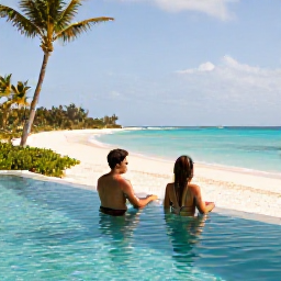 Caribbean Holidays, Cayman Luxury October, Luxury couple relaxing beside an infinity pool overlooking Seven Mile Beach, Grand Cayman, warm tropical October atmosphere