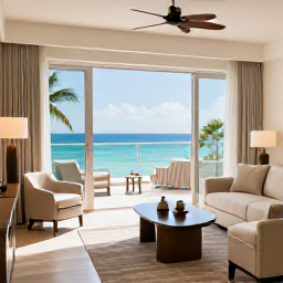 Caribbean Holidays, Cayman Luxury October, Stylish luxury hotel suite in Grand Cayman with floor-to-ceiling windows, sea view, soft neutral furnishings and October sunshine