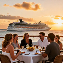Caribbean Holidays, Cayman March Cruises, Cruise passengers enjoying an elegant outdoor dinner on a ship at sunset, warm Caribbean colours and the Cayman Islands in the distance