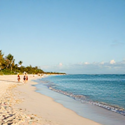 Caribbean Holidays, Cayman March Tours, Bright morning scene at Seven Mile Beach in Grand Cayman, calm turquoise water, soft white sand, visitors enjoying a relaxed March holiday