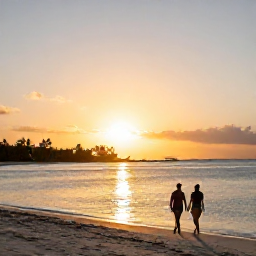 Caribbean Holidays, Cayman March Tours, Golden sunset over Seven Mile Beach in Grand Cayman, couples and families walking beside calm water after a day of touring