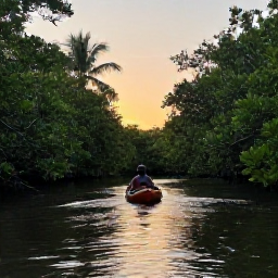 Caribbean Holidays, Cayman March Tours, Kayak moving through peaceful mangrove channels in Grand Cayman at dusk, warm light reflecting on the water and lush greenery surrounding the route