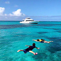 Caribbean Holidays, Cayman March Tours, Small boat cruising across clear Caribbean water near Grand Cayman, snorkellers viewing colourful fish and coral beneath the surface