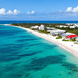 Caribbean Holidays, Cayman Multi-Centre, Aerial view of Grand Cayman turquoise sea, white sand beaches and colourful Caribbean coastline in bright July sunshine
