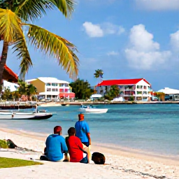 Caribbean Holidays, Cayman Multi-Centre, Colourful Caribbean harbour with small boats, palm trees and travellers preparing to explore nearby islands