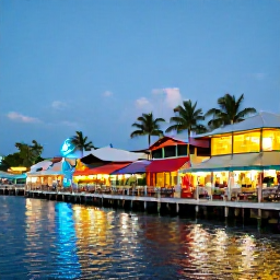 Caribbean Holidays, Cayman Multi-Centre, Colourful Caribbean market and waterfront dining scene in the Cayman Islands during a warm July evening