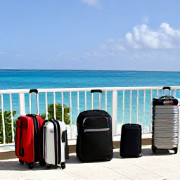 Caribbean Holidays, Cayman Multi-Centre, Comfortable Caribbean resort terrace overlooking a bright blue sea, with luggage ready for a multi-country holiday