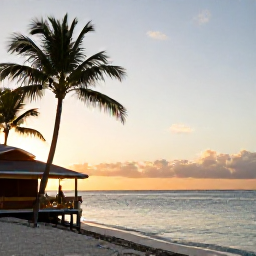 Caribbean Holidays, Cayman Multi-Centre, Sunset over a calm Cayman Islands beach with palm trees, gentle waves and a small beachfront restaurant