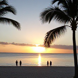 Caribbean Holidays, Cayman Multi-Centre, Travellers enjoying a sunset on a Caribbean beach, with calm sea, warm light and palm silhouettes