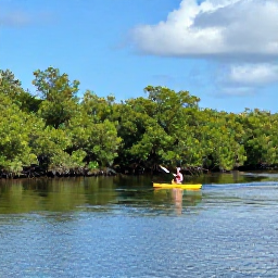 Caribbean Holidays, Cayman Nature Holidays, A green mangrove wetland in Grand Cayman with a small kayak moving through calm water