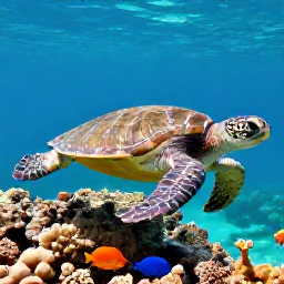 Caribbean Holidays, Cayman Nature Holidays, A green sea turtle swimming above coral and colourful tropical fish in clear Cayman Islands water