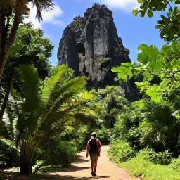 Caribbean Holidays, Cayman Nature Holidays, A hiker walking through Cayman Brac woodland towards a dramatic limestone bluff in tropical sunshine