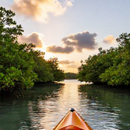 Caribbean Holidays, Cayman Nature Holidays, A peaceful mangrove lagoon with a kayak in the Cayman Islands at sunset