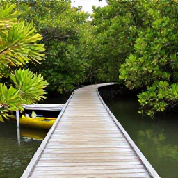 Caribbean Holidays, Cayman Nature Holidays, A peaceful mangrove wetland in Grand Cayman with boardwalks, tropical plants and a kayak on calm water
