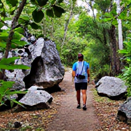 Caribbean Holidays, Cayman Nature Holidays, A peaceful nature trail through the Mastic Reserve on Grand Cayman, with native woodland, limestone rocks and a hiker carrying binoculars