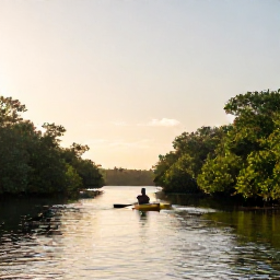 Caribbean Holidays, Cayman Nature Holidays, A quiet mangrove wetland in the Cayman Islands at sunrise, with a kayak gliding through calm water and native vegetation along the shore