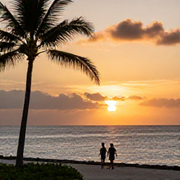 Caribbean Holidays, Cayman Nature Holidays, A relaxed Cayman Islands sunset over a calm Caribbean sea, with palm silhouettes and a couple walking along the shore