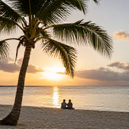 Caribbean Holidays, Cayman Nature Holidays, A relaxed couple watching the sun set over a quiet Cayman beach with palm trees and calm Caribbean sea