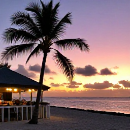 Caribbean Holidays, Cayman Nature Holidays, A relaxed evening beside the Caribbean Sea in the Cayman Islands, with a colourful sunset, palm silhouettes and a small beach restaurant