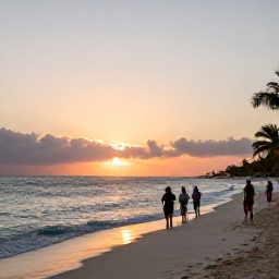 Caribbean Holidays, Cayman Nature Holidays, A relaxed sunset scene on Seven Mile Beach in Grand Cayman, with gentle waves, sandy shore and visitors watching the sky change colour