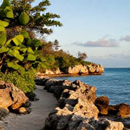 Caribbean Holidays, Cayman Nature Holidays, A rugged limestone bluff and coastal trail on Cayman Brac in warm afternoon light, surrounded by tropical vegetation and blue sea