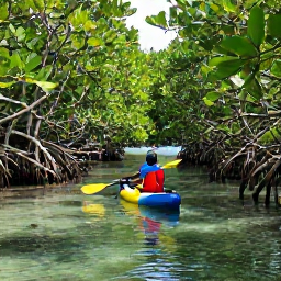Caribbean Holidays, Cayman Nature Holidays, Kayaker paddling through calm mangrove channels in the Cayman Islands, surrounded by lush green roots and shallow clear water