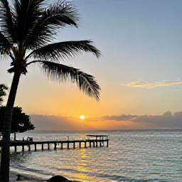 Caribbean Holidays, Cayman Nature Holidays, Peaceful Cayman Islands sunset over calm turquoise water, with silhouettes of palms and a small wooden jetty
