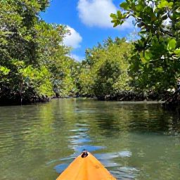 Caribbean Holidays, Cayman Nature Holidays, Quiet mangrove wetland in Grand Cayman with a kayak gliding through calm water beneath tropical trees