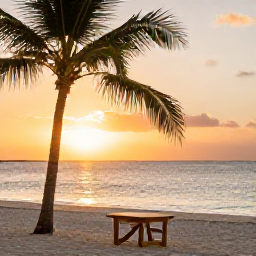 Caribbean Holidays, Cayman Nature Holidays, Relaxed outdoor table beside a Caribbean beach at sunset, with palm trees and calm sea in the Cayman Islands