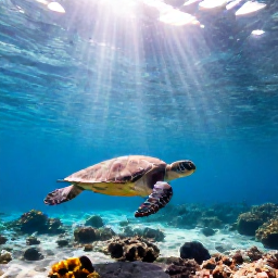 Caribbean Holidays, Cayman Nature Holidays, Snorkellers viewing a sea turtle above a shallow coral reef in clear Cayman Islands water, with sunlight filtering through the sea