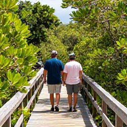 Caribbean Holidays, Cayman Nature Holidays, Visitors walking along a wooden boardwalk through lush Cayman mangroves under bright Caribbean sunshine