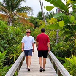 Caribbean Holidays, Cayman Nature Holidays, Visitors walking along a wooden boardwalk through the leafy wetlands of the Queen Elizabeth II Botanic Park in Grand Cayman