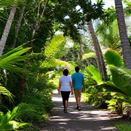 Caribbean Holidays, Cayman Nature Holidays, Visitors walking beneath tropical trees on a shaded nature trail at the Queen Elizabeth II Botanic Park in Grand Cayman