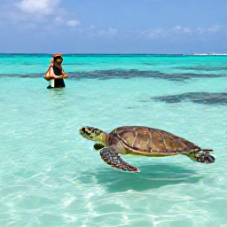 Caribbean Holidays, Cayman Nature Holidays, Visitors watching a green sea turtle in a protected coastal lagoon on Grand Cayman