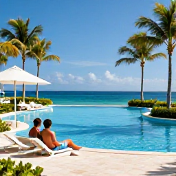 Caribbean Holidays, Cayman November All Inclusive, Couple relaxing beside a stylish Cayman Islands resort pool with palm trees, blue sky and the Caribbean Sea beyond