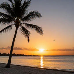 Caribbean Holidays, Cayman November All Inclusive, Golden sunset over a Cayman Islands beach with palm silhouettes and calm Caribbean water
