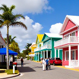Caribbean Holidays, Cayman November All Inclusive, Visitors exploring George Town in Grand Cayman, with colourful buildings, palm trees and local shops