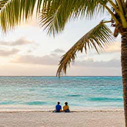 Caribbean Holidays, Cayman November Beaches, Couple relaxing on Seven Mile Beach in Grand Cayman beneath palm trees, turquoise sea and soft late afternoon light, authentic Caribbean holiday photograph