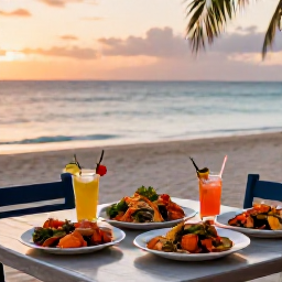 Caribbean Holidays, Cayman November Beaches, Outdoor table at a relaxed Cayman Islands restaurant near the beach, local seafood, tropical drinks and warm evening light in November, realistic travel photography