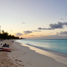 Caribbean Holidays, Cayman November Beaches, Seven Mile Beach in Grand Cayman at sunrise in November, calm turquoise water, soft white sand, a few relaxed sunbathers, realistic travel photography
