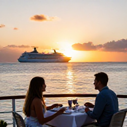 Caribbean Holidays, Cayman November Cruises, A couple enjoying a sunset dinner overlooking the calm Caribbean Sea in Grand Cayman, with a cruise ship visible offshore
